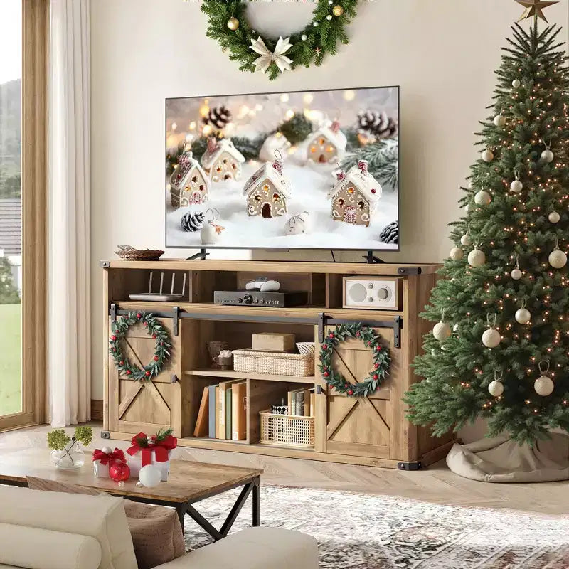 Meuble TV VASAGLE pour téléviseurs jusqu'à 65 pouces, console TV de style ferme, 2 portes coulissantes de grange, pour salon