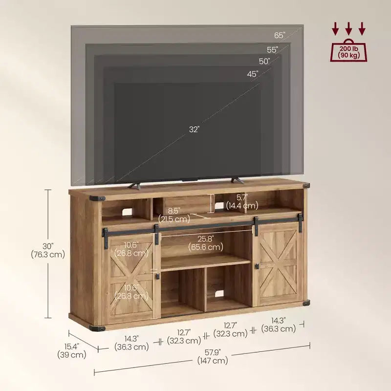 Meuble TV VASAGLE pour téléviseurs jusqu'à 65 pouces, console TV de style ferme, 2 portes coulissantes de grange, pour salon