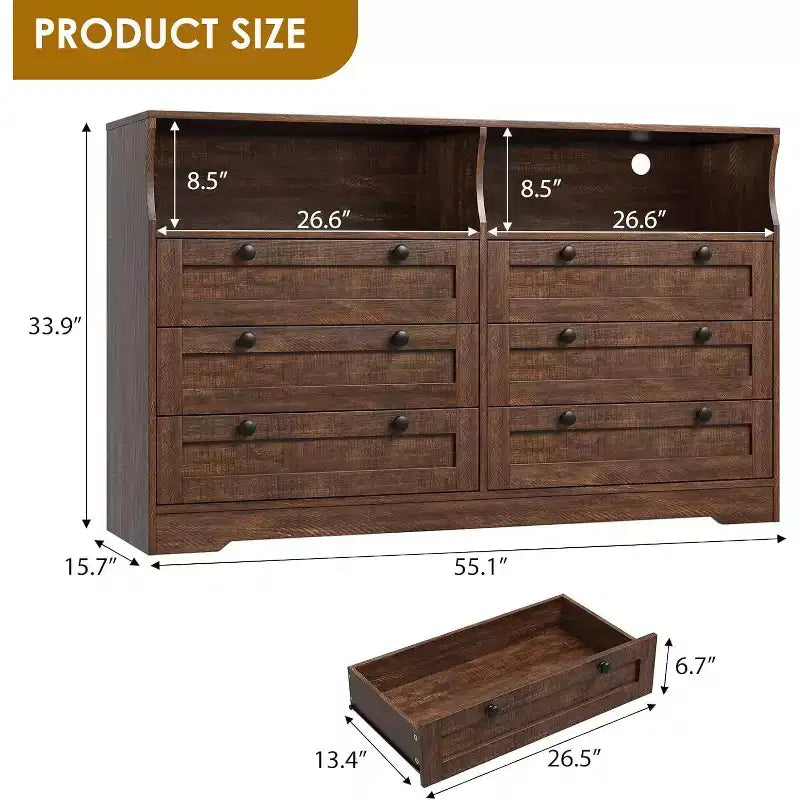 Commode à 6 tiroirs pour chambre à coucher, avec lumières LED RGB et prise de courant, commode de 140 cm de large, meuble TV pour téléviseurs de 55 pouces, pour salon, entrée