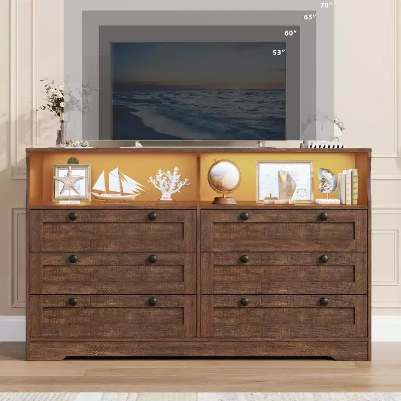 Commode à 6 tiroirs pour chambre à coucher, avec lumières LED RGB et prise de courant, commode de 140 cm de large, meuble TV pour téléviseurs de 55 pouces, pour salon, entrée
