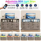 Commode à 6 tiroirs pour chambre à coucher, avec lumières LED RGB et prise de courant, commode de 140 cm de large, meuble TV pour téléviseurs de 55 pouces, pour salon, entrée