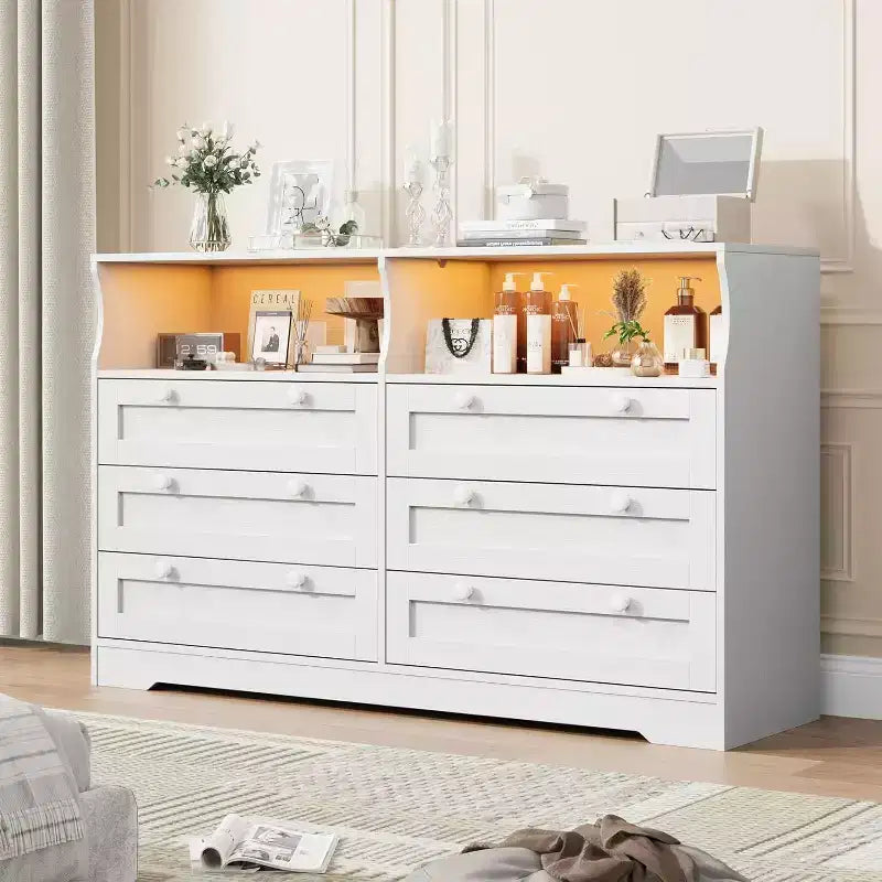 Commode à 6 tiroirs pour chambre à coucher, avec lumières LED RGB et prise de courant, commode de 140 cm de large, meuble TV pour téléviseurs de 55 pouces, pour salon, entrée