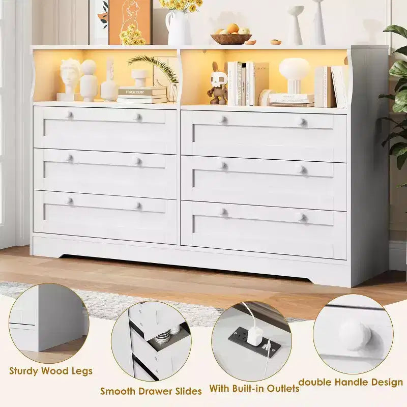 Commode à 6 tiroirs pour chambre à coucher, avec lumières LED RGB et prise de courant, commode de 140 cm de large, meuble TV pour téléviseurs de 55 pouces, pour salon, entrée