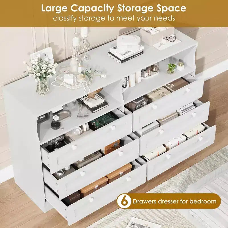 Commode à 6 tiroirs pour chambre à coucher, avec lumières LED RGB et prise de courant, commode de 140 cm de large, meuble TV pour téléviseurs de 55 pouces, pour salon, entrée