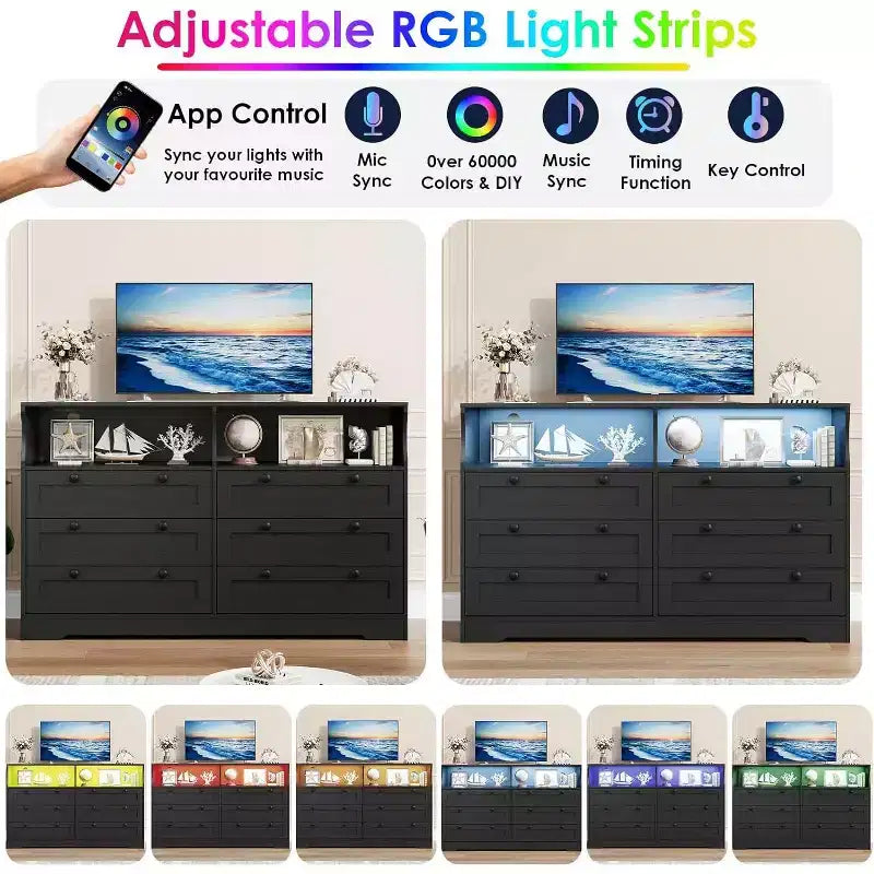 Commode à 6 tiroirs pour chambre à coucher, avec lumières LED RGB et prise de courant, commode de 140 cm de large, meuble TV pour téléviseurs de 55 pouces, pour salon, entrée