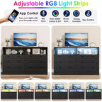 Commode à 6 tiroirs pour chambre à coucher, avec lumières LED RGB et prise de courant, commode de 140 cm de large, meuble TV pour téléviseurs de 55 pouces, pour salon, entrée