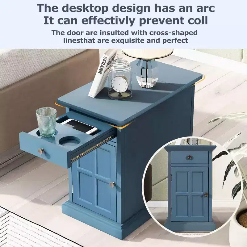 Table d'appoint classique vintage avec ports USB et 1 tiroir avec porte-gobelets, table de chevet étroite pour salon et chambre à coucher