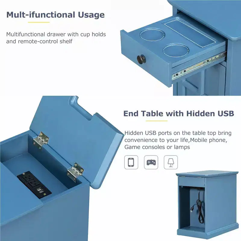 Table d'appoint classique vintage avec ports USB et 1 tiroir avec porte-gobelets, table de chevet étroite pour salon et chambre à coucher
