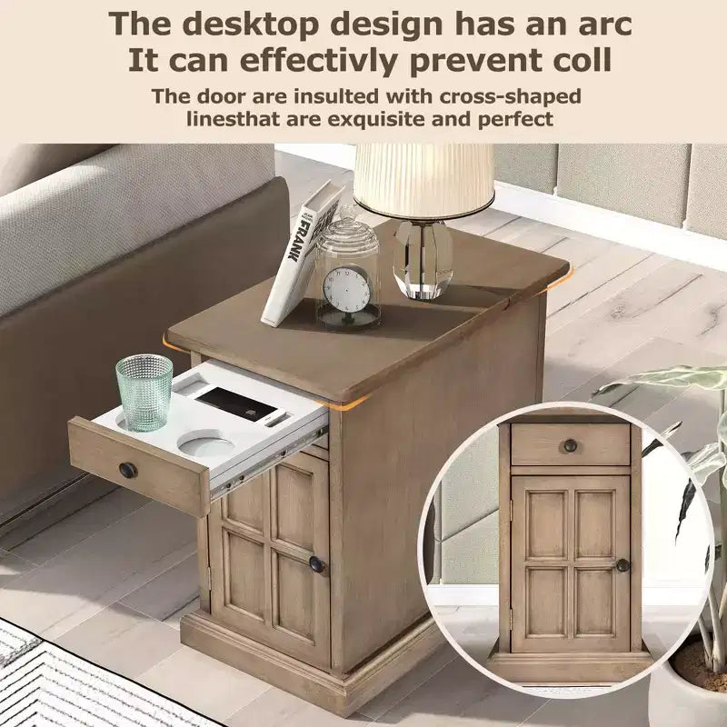 Table d'appoint classique vintage avec ports USB et 1 tiroir avec porte-gobelets, table de chevet étroite pour salon et chambre à coucher