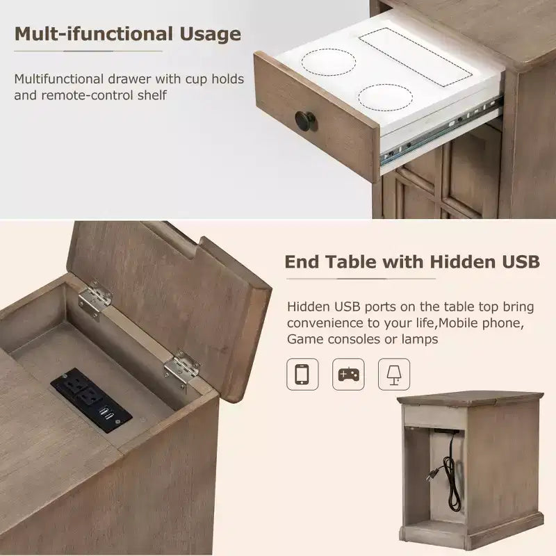 Table d'appoint classique vintage avec ports USB et 1 tiroir avec porte-gobelets, table de chevet étroite pour salon et chambre à coucher
