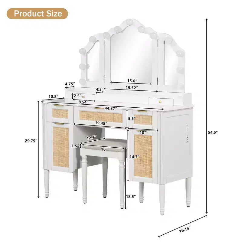 GDFStudio Coiffeuse Lillian moderne en bois, de style bohème, avec miroir triptyque, 13 ampoules, 5 tiroirs et station de recharge