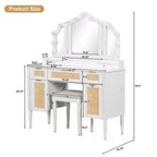 GDFStudio Coiffeuse Lillian moderne en bois, de style bohème, avec miroir triptyque, 13 ampoules, 5 tiroirs et station de recharge