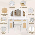 GDFStudio Coiffeuse Lillian moderne en bois, de style bohème, avec miroir triptyque, 13 ampoules, 5 tiroirs et station de recharge