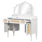 GDFStudio Coiffeuse Lillian moderne en bois, de style bohème, avec miroir triptyque, 13 ampoules, 5 tiroirs et station de recharge