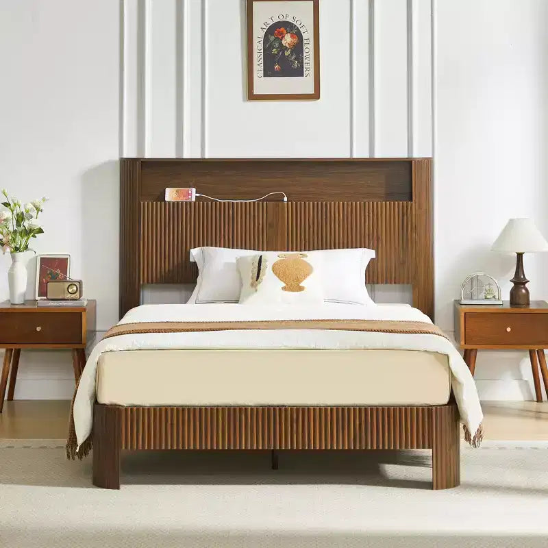 JVNOXK 84-inch Extra-Large and Extended Bed Frame with Storage Headboard, Built-in Charging Station, Wave-Curved Design, Walnut Finish