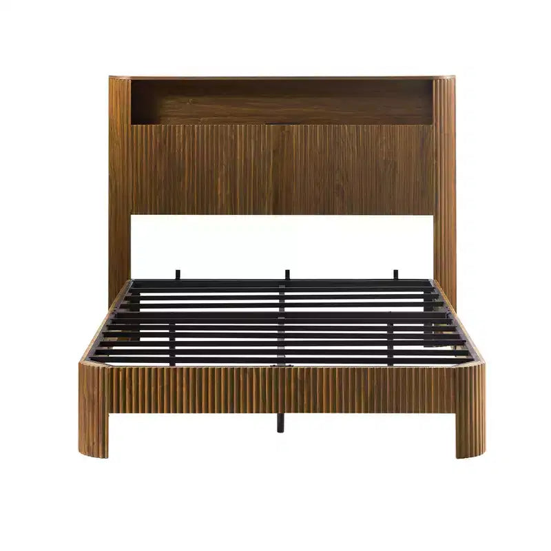 Cadre de lit extra-large et étendu de 213 cm JVNOXK avec tête de lit de rangement, station de charge intégrée, design incurvé, finition noyer