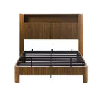 Cadre de lit extra-large et étendu de 213 cm JVNOXK avec tête de lit de rangement, station de charge intégrée, design incurvé, finition noyer