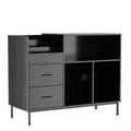 VIYET 35 Eco-Friendly Record Player Stand with Flip-Top, Black MDF+Metal Media Console w/ 2-Outlet Power Strip & Dustproof Storage