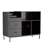 VIYET 35 Eco-Friendly Record Player Stand with Flip-Top, Black MDF+Metal Media Console w/ 2-Outlet Power Strip & Dustproof Storage