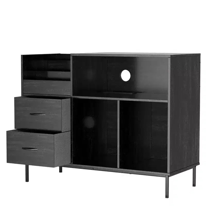 Meuble tourne-disque écologique VIYET 35 avec couvercle à charnière, console média en MDF noir et métal avec multiprise 2 prises et rangement anti-poussière