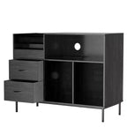 Meuble tourne-disque écologique VIYET 35 avec couvercle à charnière, console média en MDF noir et métal avec multiprise 2 prises et rangement anti-poussière