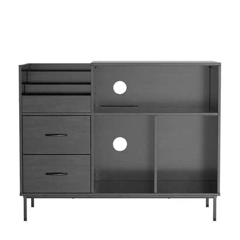Meuble tourne-disque écologique VIYET 35 avec couvercle à charnière, console média en MDF noir et métal avec multiprise 2 prises et rangement anti-poussière