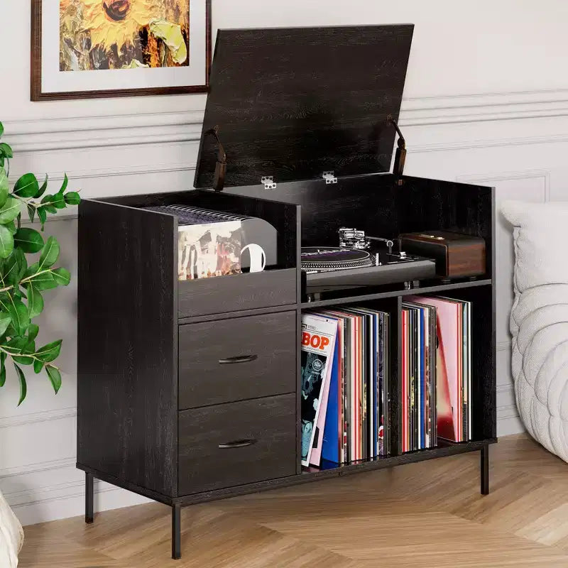 Meuble tourne-disque écologique VIYET 35 avec couvercle à charnière, console média en MDF noir et métal avec multiprise 2 prises et rangement anti-poussière
