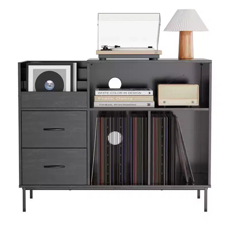 Meuble tourne-disque écologique VIYET 35 avec couvercle à charnière, console média en MDF noir et métal avec multiprise 2 prises et rangement anti-poussière