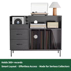 Meuble tourne-disque écologique VIYET 35 avec couvercle à charnière, console média en MDF noir et métal avec multiprise 2 prises et rangement anti-poussière