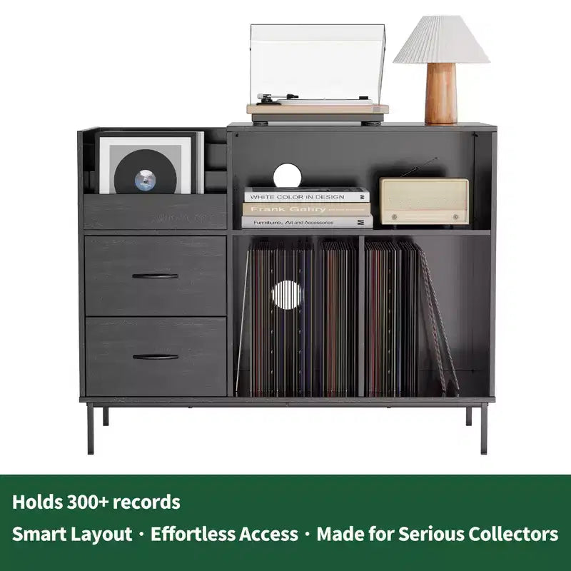 Meuble tourne-disque écologique VIYET 35 avec couvercle à charnière, console média en MDF noir et métal avec multiprise 2 prises et rangement anti-poussière