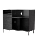 Meuble tourne-disque écologique VIYET 35 avec couvercle à charnière, console média en MDF noir et métal avec multiprise 2 prises et rangement anti-poussière