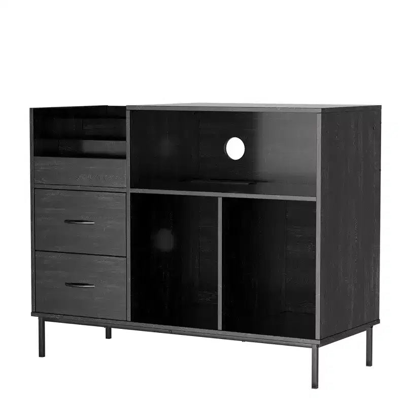 Meuble tourne-disque écologique VIYET 35 avec couvercle à charnière, console média en MDF noir et métal avec multiprise 2 prises et rangement anti-poussière