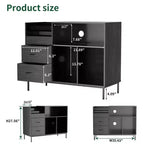 Meuble tourne-disque écologique VIYET 35 avec couvercle à charnière, console média en MDF noir et métal avec multiprise 2 prises et rangement anti-poussière