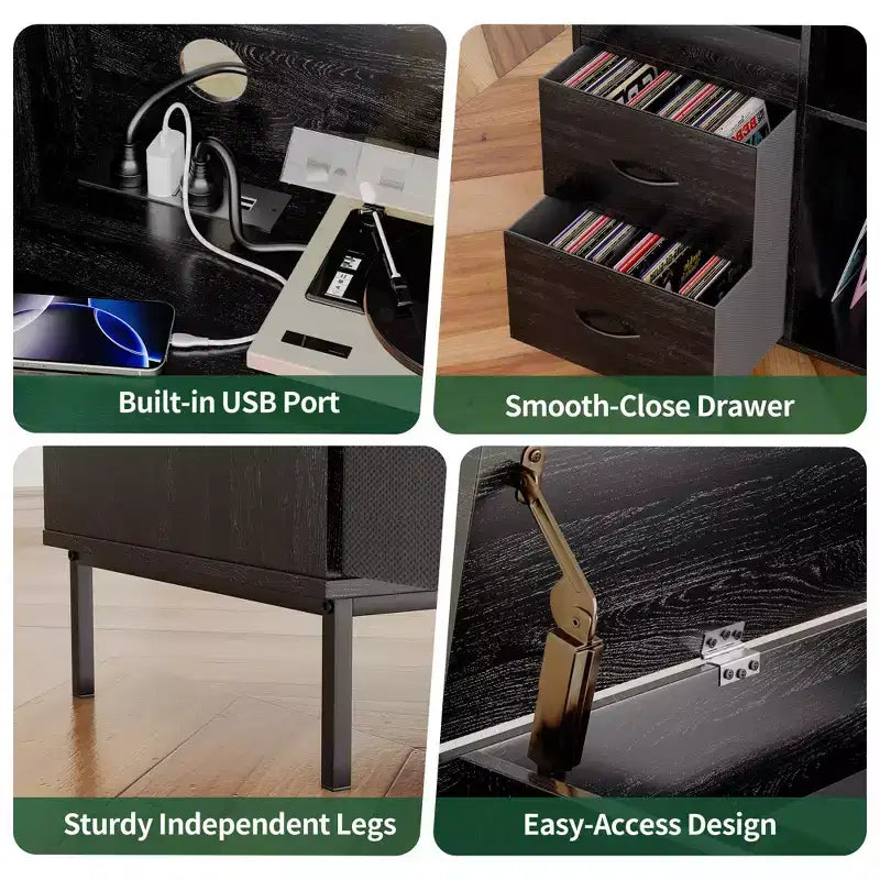 Meuble tourne-disque écologique VIYET 35 avec couvercle à charnière, console média en MDF noir et métal avec multiprise 2 prises et rangement anti-poussière