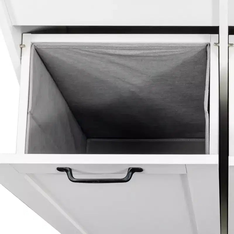 VIYET 63 Meuble de Buanderie Autoportant Blanc - Panneaux de Particules+MDF, Panier à Linge Rabattable, Étagères Réglables & Multiples Rangement