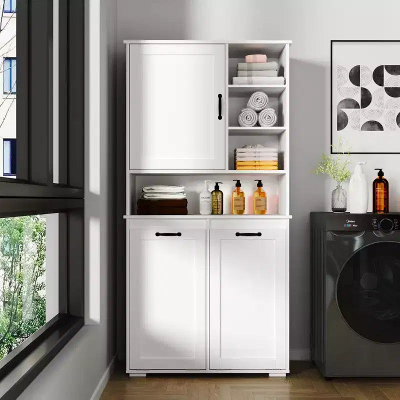 VIYET 63 Meuble de Buanderie Autoportant Blanc - Panneaux de Particules+MDF, Panier à Linge Rabattable, Étagères Réglables & Multiples Rangement