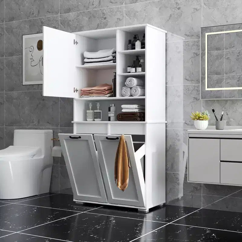 VIYET 63 Meuble de Buanderie Autoportant Blanc - Panneaux de Particules+MDF, Panier à Linge Rabattable, Étagères Réglables & Multiples Rangement