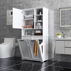 VIYET 63 Meuble de Buanderie Autoportant Blanc - Panneaux de Particules+MDF, Panier à Linge Rabattable, Étagères Réglables & Multiples Rangement