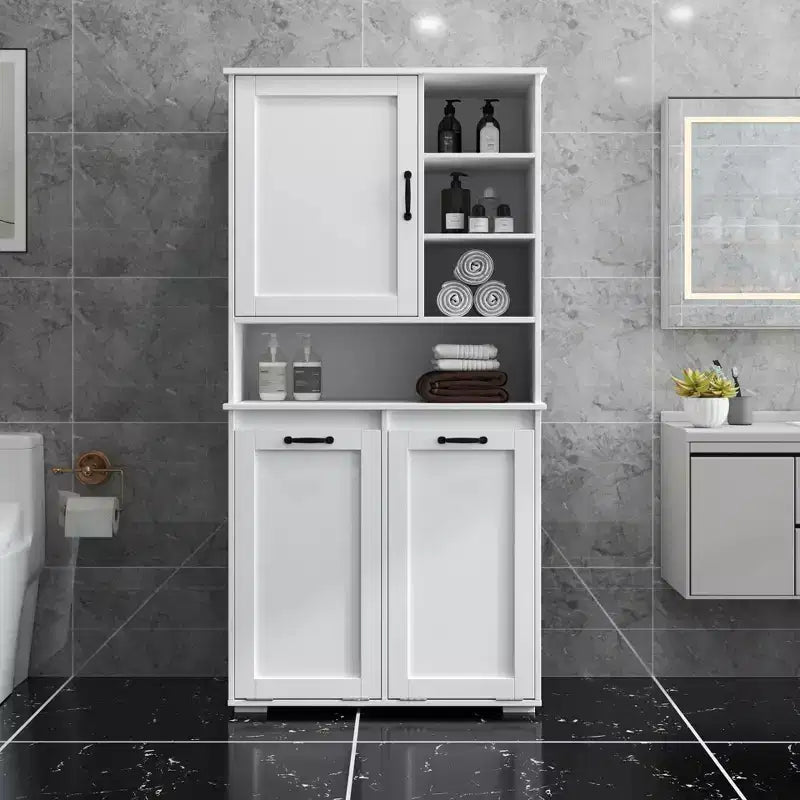 VIYET 63 Meuble de Buanderie Autoportant Blanc - Panneaux de Particules+MDF, Panier à Linge Rabattable, Étagères Réglables & Multiples Rangement