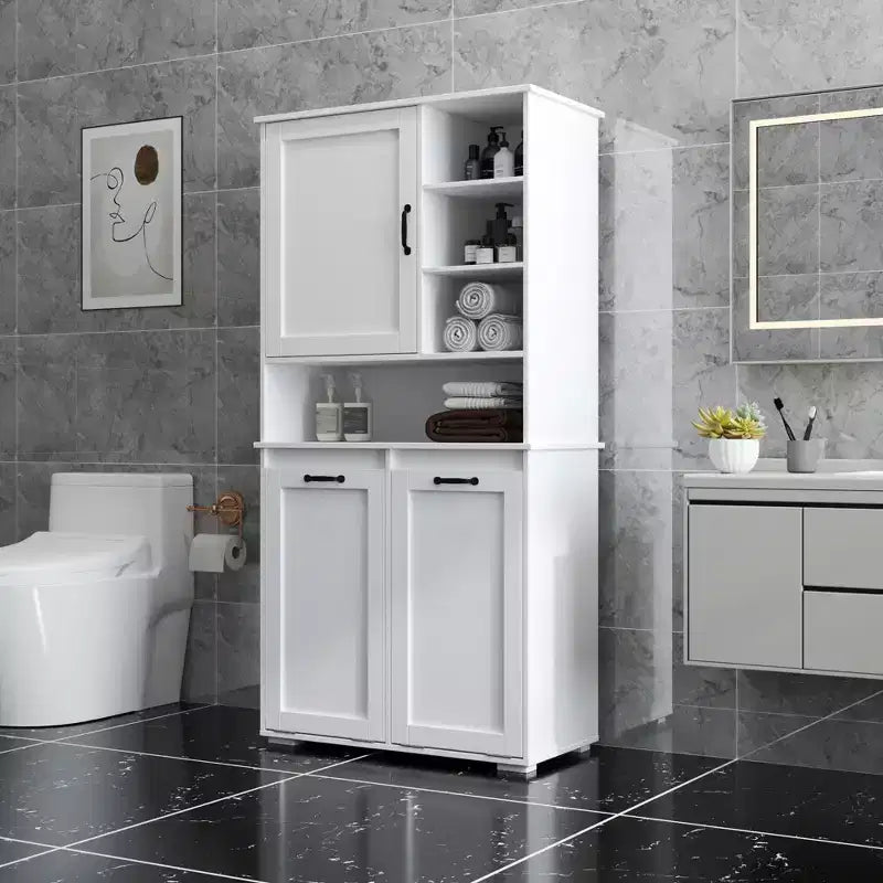 VIYET 63 Meuble de Buanderie Autoportant Blanc - Panneaux de Particules+MDF, Panier à Linge Rabattable, Étagères Réglables & Multiples Rangement