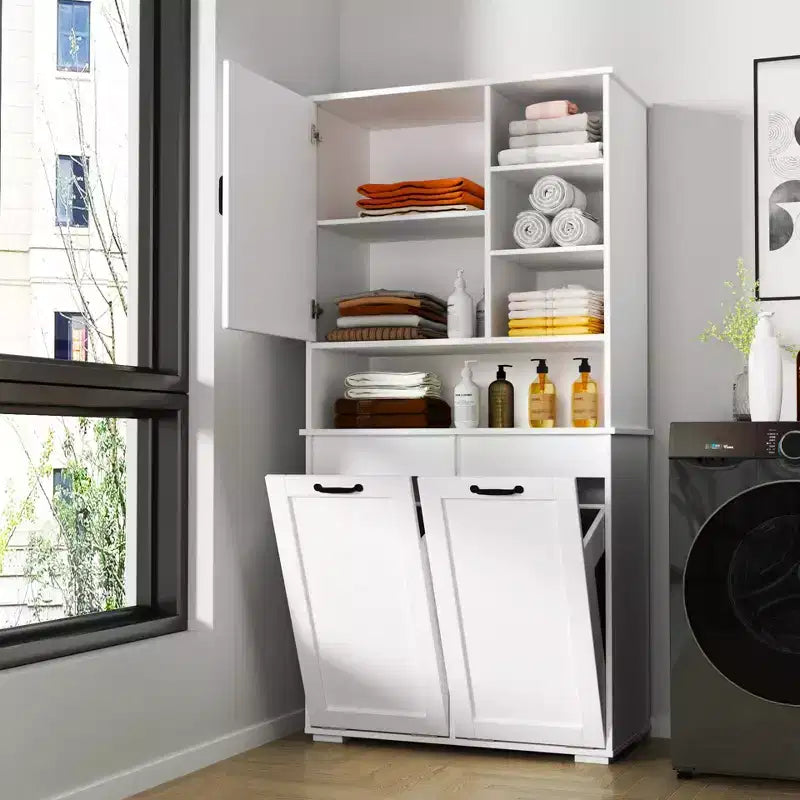 VIYET 63 Meuble de Buanderie Autoportant Blanc - Panneaux de Particules+MDF, Panier à Linge Rabattable, Étagères Réglables & Multiples Rangement