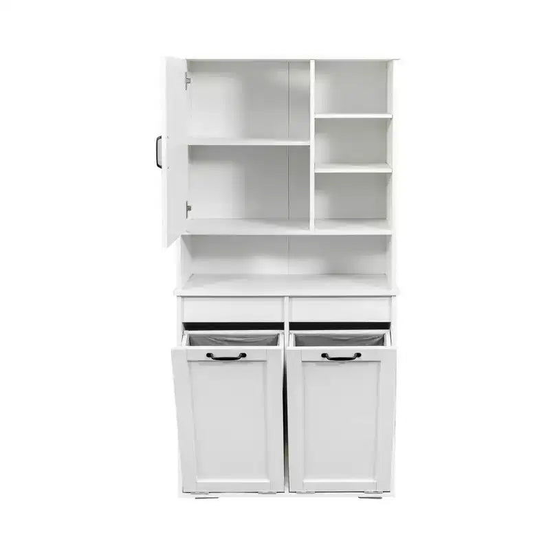 VIYET 63 Meuble de Buanderie Autoportant Blanc - Panneaux de Particules+MDF, Panier à Linge Rabattable, Étagères Réglables & Multiples Rangement