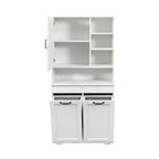 VIYET 63 Meuble de Buanderie Autoportant Blanc - Panneaux de Particules+MDF, Panier à Linge Rabattable, Étagères Réglables & Multiples Rangement