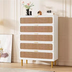 Rattan 5 Drawer Dresser for Bedroom, Chest of Drawers with Deep Drawers, Large Double Dresser for Closet with Wide Top, Tall Wooden Dresser for Living