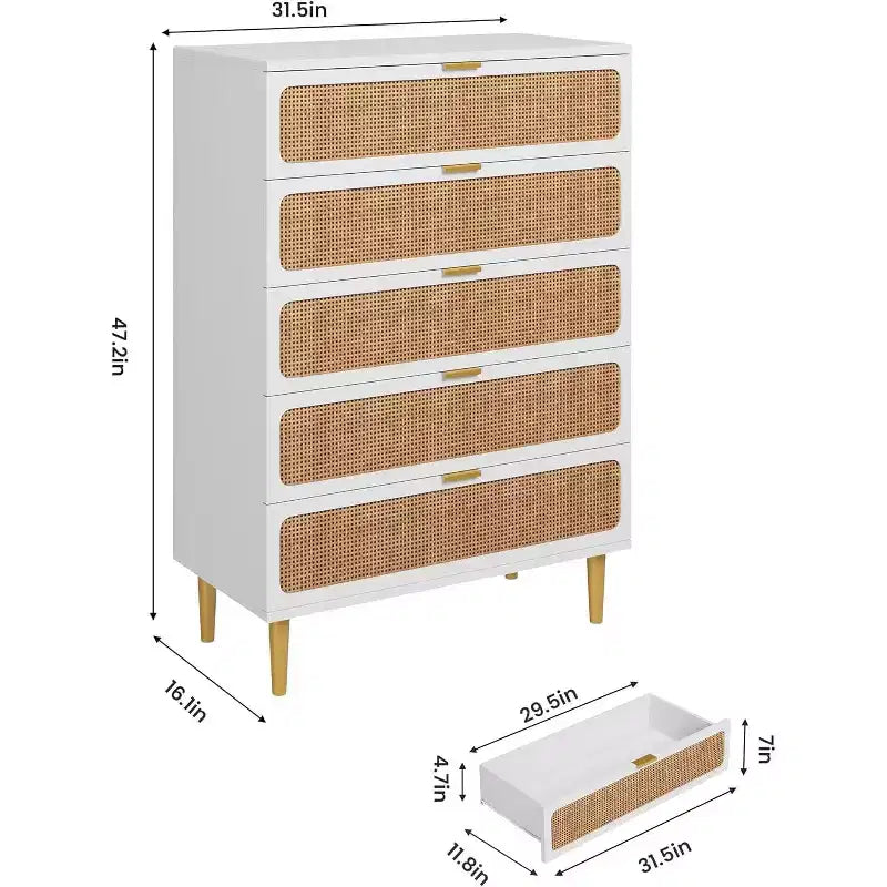 Commode 5 tiroirs en rotin pour chambre à coucher, chiffonnier avec tiroirs profonds, grande commode double pour placard avec plateau large, commode haute en bois pour salon