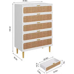 Commode 5 tiroirs en rotin pour chambre à coucher, chiffonnier avec tiroirs profonds, grande commode double pour placard avec plateau large, commode haute en bois pour salon