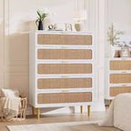 Commode 5 tiroirs en rotin pour chambre à coucher, chiffonnier avec tiroirs profonds, grande commode double pour placard avec plateau large, commode haute en bois pour salon