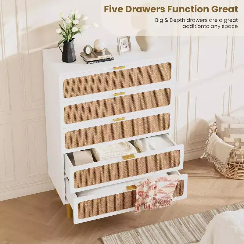 Commode 5 tiroirs en rotin pour chambre à coucher, chiffonnier avec tiroirs profonds, grande commode double pour placard avec plateau large, commode haute en bois pour salon