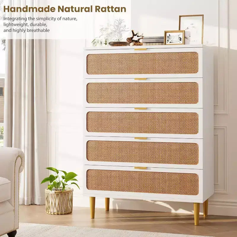 Commode 5 tiroirs en rotin pour chambre à coucher, chiffonnier avec tiroirs profonds, grande commode double pour placard avec plateau large, commode haute en bois pour salon