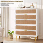 Commode 5 tiroirs en rotin pour chambre à coucher, chiffonnier avec tiroirs profonds, grande commode double pour placard avec plateau large, commode haute en bois pour salon